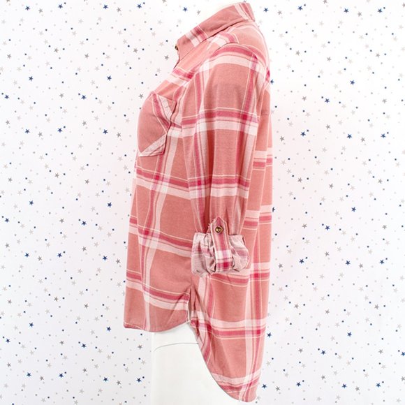 Knit Plaid Button Up Shirt Hi Lo Hem Salmon Pink - Picture 5 of 8